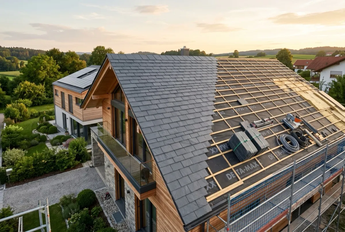 Dachsanierung im Prozess: neue Eindeckung über Unterdach-Membrane